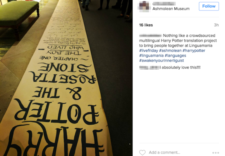 Screenshot of a tweet with a photo of the scroll and the text: Nothing like a crowdsourced multilingual Harry Potter translation project to bring people together at Linguamania. I absolutely love this!!!!