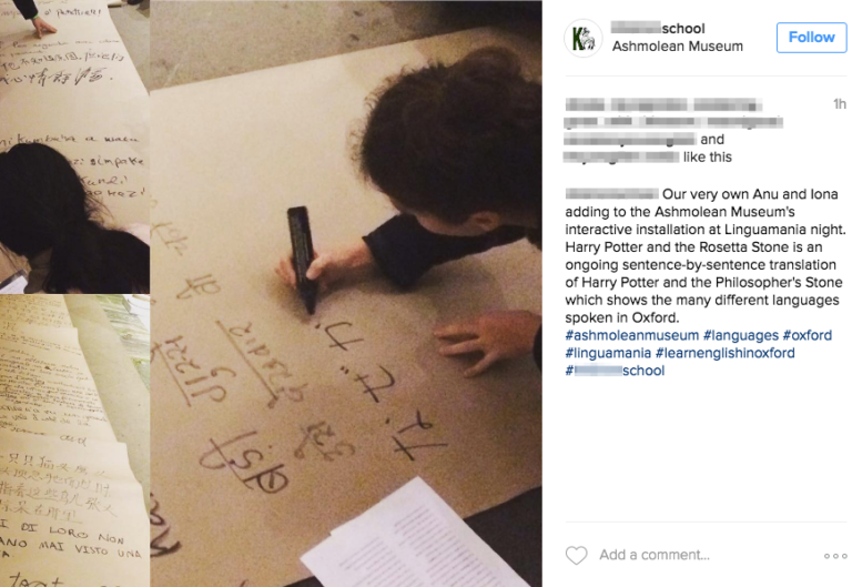 Screenshot of a tweet with a photo of a child writing on the scroll and the text: Our very own Anu and Iona adding to the Ashmolean Museum's interactive installation at Linguamania night. Harry Potter and the Rosetta Stone is an ongoing sentence-by-sentence translation of Harry Potter and the Philosopher's Stone which shows the many different languages spoken in Oxford.