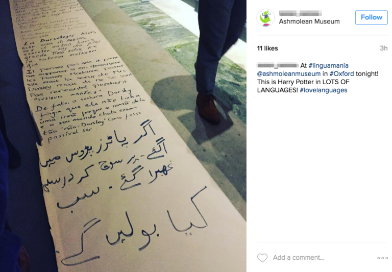 Screenshot of a tweet with a photo of the scroll and the text: This is Harry Potter in LOTS OF LANGUAGES! #lovelanguages