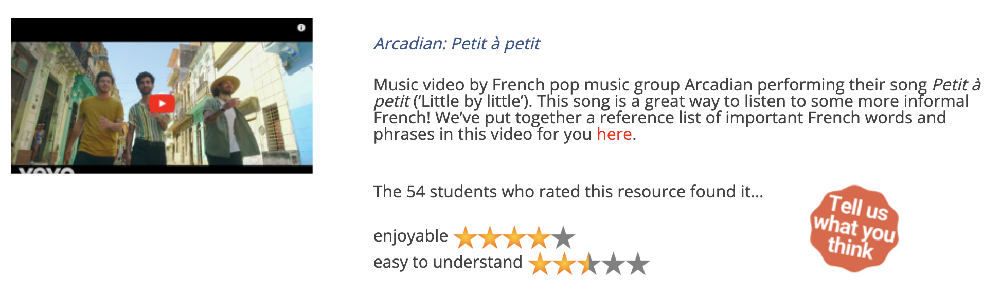Screenshot from the catalogue: A French music video with a brief description and star ratings for enjoyability and difficulty.